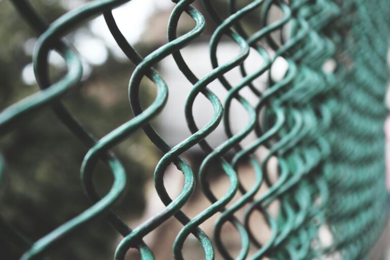Artistic close-up of a green metallic wire fence, emphasizing pattern and texture.